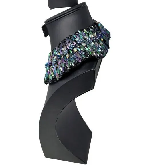 Vintage Handcrafted AB Oil Slick Beaded Statement Bib Collar Necklace Cleopatra - Picture 8 of 11